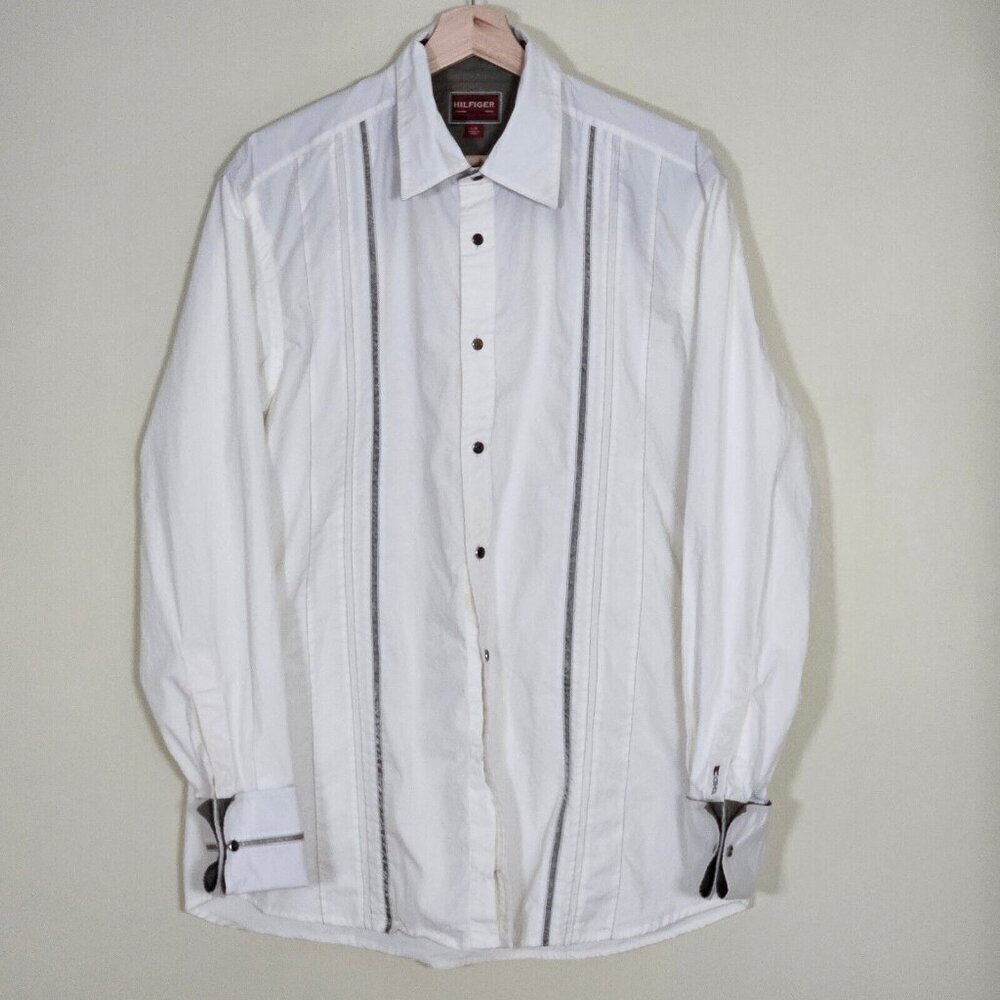 Red Label Hilfiger Denim Shirt Men L Cream Khaki LS Y2K Pearl Button Up Boho VTG